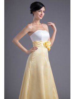 Satin Strapless A-line Ankle-Length Hand-made Flowers Evening Dress