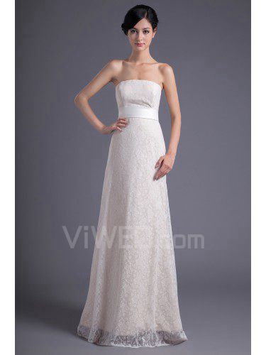 Lace Strapless Column Sweep Train Sash Evening Dress