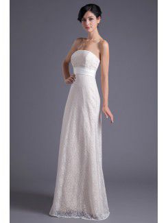 Lace Strapless Column Sweep Train Sash Evening Dress