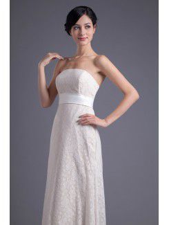 Lace Strapless Column Sweep Train Sash Evening Dress