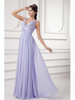 Chiffon V-Neckline Column Floor Length Embroidered Wedding Dress