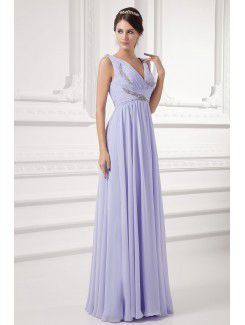 Chiffon V-Neckline Column Floor Length Embroidered Wedding Dress