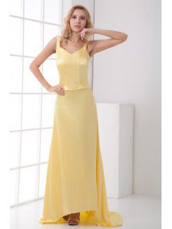 Satin V-Neckline Sheath Sweep Train Evening Dress