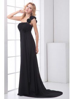 Chiffon One-Shoulder Empire line Sweep Train Hand-made Flower Evening Dress