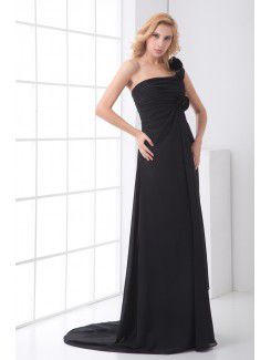 Chiffon One-Shoulder Empire line Sweep Train Hand-made Flower Evening Dress