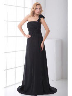 Chiffon One-Shoulder Empire line Sweep Train Hand-made Flower Evening Dress