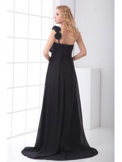 Chiffon One-Shoulder Empire line Sweep Train Hand-made Flower Evening Dress