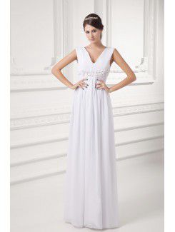 Chiffon V-Neckline Column Floor Length Embroidered Wedding Dress