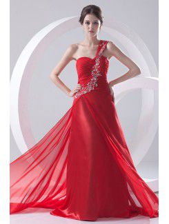 Chiffon One-Shoulder A-line Sweep Train Embroidered Evening Dress