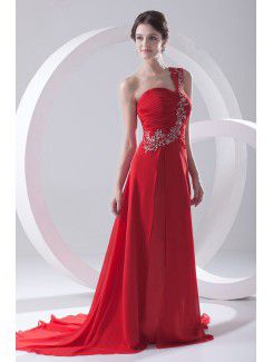 Chiffon One-Shoulder A-line Sweep Train Embroidered Evening Dress