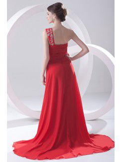 Chiffon One-Shoulder A-line Sweep Train Embroidered Evening Dress