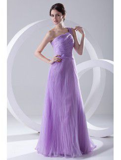 Organza One-Shoulder Column Floor-Length Crisscross Ruched Evening Dress