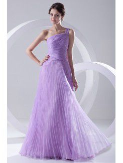 Organza One-Shoulder Column Floor-Length Crisscross Ruched Evening Dress