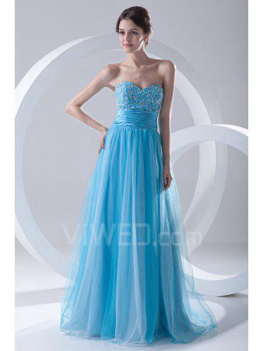 Chiffon and Net Sweetheart Corset Sweep Train Embroidered Evening Dress