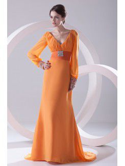 Chiffon V-Neckline Column Sweep Train Illusion Evening Dress