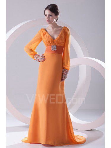 Chiffon V-Neckline Column Sweep Train Illusion Evening Dress