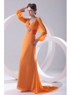 Chiffon V-Neckline Column Sweep Train Illusion Evening Dress