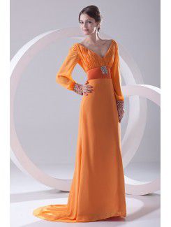 Chiffon V-Neckline Column Sweep Train Illusion Evening Dress