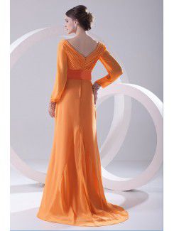 Chiffon V-Neckline Column Sweep Train Illusion Evening Dress