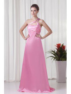 Satin One-Shoulder A-line Sweep train Directionally Ruched Evening Dress