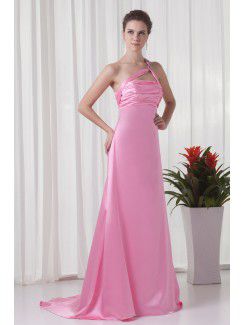 Satin One-Shoulder A-line Sweep train Directionally Ruched Evening Dress