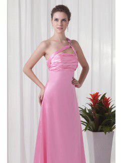 Satin One-Shoulder A-line Sweep train Directionally Ruched Evening Dress