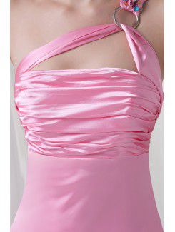 Satin One-Shoulder A-line Sweep train Directionally Ruched Evening Dress