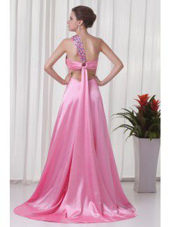 Satin One-Shoulder A-line Sweep train Directionally Ruched Evening Dress