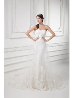 Satin and Net Sweetheart Sheath Sweep Train Embroidered Wedding Dress