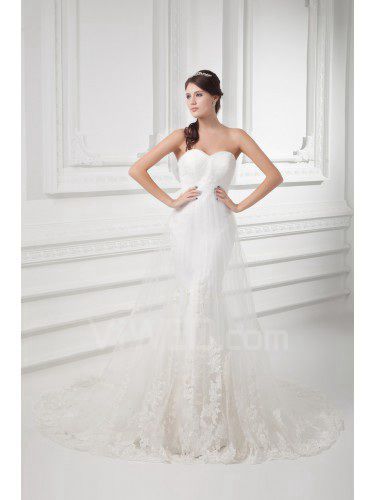 Satin and Net Sweetheart Sheath Sweep Train Embroidered Wedding Dress