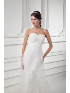 Satin and Net Sweetheart Sheath Sweep Train Embroidered Wedding Dress