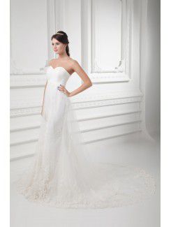 Satin and Net Sweetheart Sheath Sweep Train Embroidered Wedding Dress