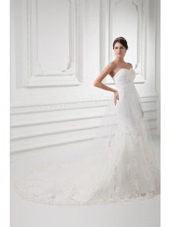 Satin and Net Sweetheart Sheath Sweep Train Embroidered Wedding Dress