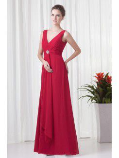 Chiffon V-Neckline Column Floor Length Embroidered Evening Dress