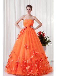 Satin and Net Strapless A-line Floor Length Embroidered Evening Dress