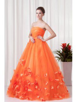 Satin and Net Strapless A-line Floor Length Embroidered Evening Dress