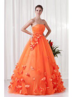 Satin and Net Strapless A-line Floor Length Embroidered Evening Dress