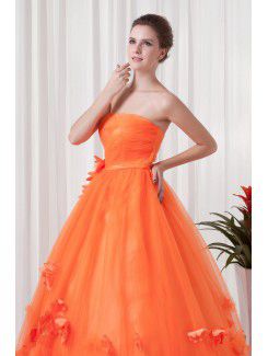 Satin and Net Strapless A-line Floor Length Embroidered Evening Dress