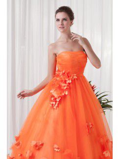 Satin and Net Strapless A-line Floor Length Embroidered Evening Dress