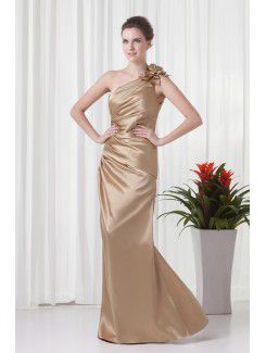 Satin Asymmetrical Sheath Floor Length Gathered Ruched Evening Dress