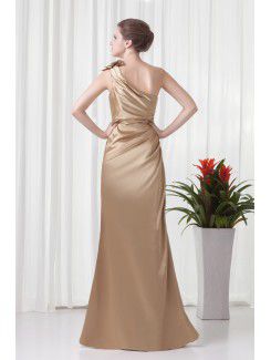 Satin Asymmetrical Sheath Floor Length Gathered Ruched Evening Dress