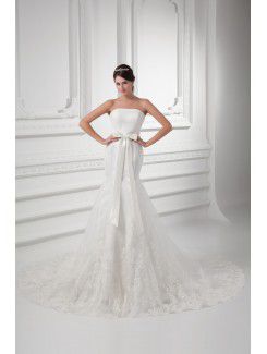 Satin and Net Strapless Sheath Sweep Train Sash Wedding Dress