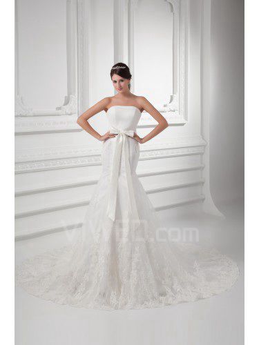 Cetim e bainha strapless varrer trem vestido de casamento faixa net