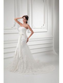 Satin and Net Strapless Sheath Sweep Train Sash Wedding Dress