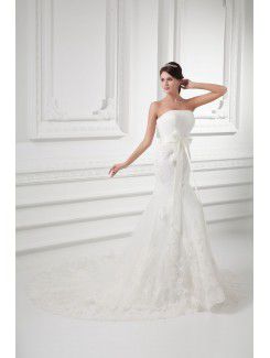 Satin and Net Strapless Sheath Sweep Train Sash Wedding Dress