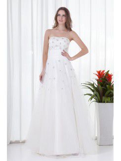 Satin and Net Strapless A-line Floor Length Embroidered Evening Dress