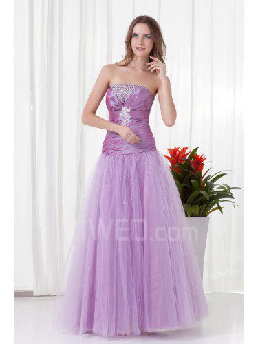 Net and Taffeta Strapless A-line Floor Length Directionally Ruched Evening Dress