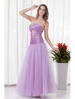 Net and Taffeta Strapless A-line Floor Length Directionally Ruched Evening Dress