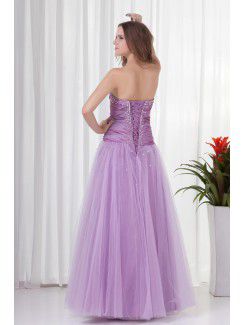 Net and Taffeta Strapless A-line Floor Length Directionally Ruched Evening Dress