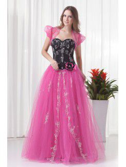 Satin und netz liebsten ballkleid bodenlange abendkleid mit bestickten und jacke